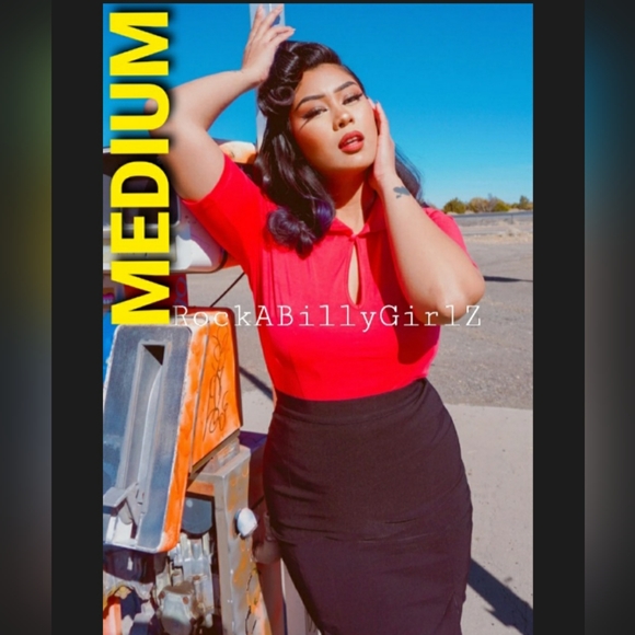 Tatyana Keynote Fushia Pink Vintage 1950's Pinup Stretch Keyhole Top w Darting - Picture 2 of 3